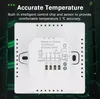 The back of a white thermostat with connection terminals and wiring labels, set against a dark, abstract background with green circuit board-like patterns. Náhled obrázku produktu