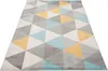 A geometric patterned rug with triangles in gray, white, blue, and yellow. Náhľad obrázku produktu