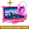 A pink tablet with headphones and a strap, with a city skyline on the screen, and a plus sign above. Produktbild-Vorschau