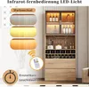 A tall wooden cabinet with glass doors and LED lighting, displaying bottles and glasses, with visual aids for lighting options and timer. Náhled obrázku produktu