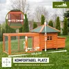 A wooden chicken coop with a wire run is shown in a grassy outdoor setting, with dimensions indicated by overlaid text and arrows. Produktbild-Vorschau