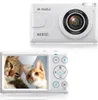 A white digital camera shown from the front and back, with the screen displaying two cats. Produktbild-Vorschau