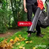 A person is using a leaf blower in a garden with fallen leaves on the grass. Produktbild-Vorschau