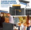 A collage of images showing a foldable table, its features, and a family using it outdoors. Produktbild-Vorschau