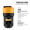 A Nespresso Vertuo Pop coffee machine with a cup of coffee, accompanied by marketing text and icons. Produktbild-Vorschau