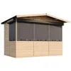 A wooden garden house or market stall shown from the front. Voir les images du produit