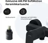 Close-up marketing image of a black faucet with descriptive icons and text. Produktbild-Vorschau