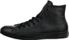 A side view of a black leather high-top Converse Chuck Taylor sneaker. Produktbild-Vorschau