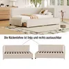 A beige upholstered daybed with a pull-out drawer, shown in a room setting and with two separate views of its frame. Anteprima dell’immagine prodotto