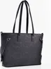 A black tote bag with embossed patterns is shown against a white background. Produktbild-Vorschau