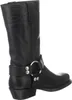 A black leather boot with a harness strap and buckle. Voir les images du produit