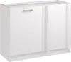 A white kitchen base cabinet with two doors and a silver handle.