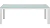 A white metal frame table with a light blue glass top, presented on a white background. Voir les images du produit