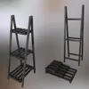 Three views of a dark wooden plant stand, one assembled and two disassembled. Produktbild-Vorschau