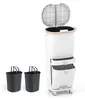 A white multi-compartment trash can with a pedal and two separate black bins is shown against a white background. Anteprima dell’immagine prodotto