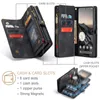 Collage of images showing a black leather wallet phone case with card slots and a zipper pocket, along with a diagram illustrating its features. Produktbild-Vorschau