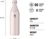 A pink Stanley thermos bottle with product specifications and features displayed next to it. Produktbild-Vorschau