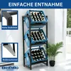 A metal rack holding three blue crates filled with bottles of beer, placed indoors with a plant in the foreground. Produktbild-Vorschau