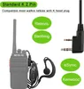 A walkie-talkie with an earpiece and a K-type plug adapter, along with text indicating compatibility with various brands. Produktbild-Vorschau