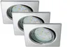 Three square-shaped LED recessed lights with a chrome finish are arranged in a staggered diagonal line against a white background. Produktbild-Vorschau