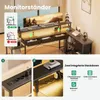 A corner desk setup with multiple monitors, drawers, and integrated power outlets, shown with illustrative graphics. Produktbild-Vorschau