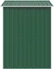 A front view of a green metal garden shed with a silver roof. Podgląd zdjęcia produktu