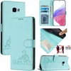 A collage of images showcasing a light green flip case wallet for a Samsung Galaxy A5 2017, featuring a cute cat design, card slots, and RFID protection. Produktbild-Vorschau