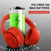 A pair of red headphones is shown next to a battery icon, with text indicating battery life and capacity. Produktbild-Vorschau