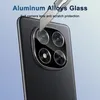 A close-up of a smartphone's camera module, with a knife attempting to scratch it to demonstrate scratch resistance. Text overlays highlight features. Produktbild-Vorschau