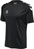A black short-sleeved t-shirt with white Hummel logos and stripes on the shoulders. Náhled obrázku produktu