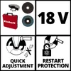 A collage of images showing an angle grinder kit, its specifications, and features. Podgląd zdjęcia produktu
