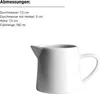 A white ceramic creamer jug with dimensions listed next to it. Produktbild-Vorschau