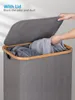 Koš na prádlo s kolečky a víkem z bambusu 100L šedý Náhled obrázku produktu 4