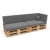 A sectional sofa made from wooden pallets with gray cushions, shown against a white background. Produktbild-Vorschau