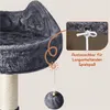 A close-up view of a cat tree with a hanging toy, highlighting a feature with an inset image and text. Podgląd zdjęcia produktu