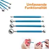 A set of sculpting tools with blue handles and silver ball tips, shown in use with clay. Produktbild-Vorschau