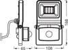 Technical drawings of a floodlight with sensor, showing side and front views with dimensions. Produktbild-Vorschau