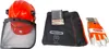 A set of chainsaw safety equipment including a helmet with face shield, a carrying bag, and gloves, displayed against a white background. Produktbild-Vorschau