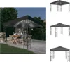 A dark-colored gazebo with LED lights is set up on a patio, with a table and chairs underneath, suggesting an outdoor dining or gathering setting. Produktbild-Vorschau