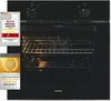A black built-in oven is shown with several marketing badges on the left side. Produktbild-Vorschau