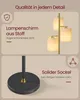 A split image showing a floor lamp with fabric shades and a close-up of its base. Produktbild-Vorschau