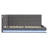 A gray upholstered bed frame with a tufted headboard and a built-in LED light strip along the base. Produktbild-Vorschau