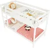 A white wooden bunk bed for children, with bedding and stuffed animals. Produktbild-Vorschau