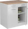 A white kitchen cabinet with a wooden countertop, showing two drawers and a cabinet with an open door revealing shelves with dishes and jars. Produktbild-Vorschau