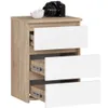 A bedside table with three drawers, two of which are partially open, showing the drawer slides. A camera and a small bowl are on top of the table. Produktbild-Vorschau