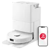 A white robotic vacuum cleaner with its docking station and a smartphone displaying an app logo. Produktbild-Vorschau