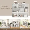 A collage of images showcasing a white bookshelf in different settings and configurations, with text overlays in German. Náhľad obrázku produktu