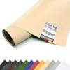 A rolled-up beige PVC tarp is shown, with a label indicating its specifications and quality. Below the tarp, a row of different colored tarp samples is displayed. Produktbild-Vorschau