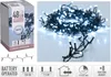 A product shot of white LED string lights and its packaging, along with feature icons. Anteprima dell’immagine prodotto
