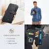 Collage of images showing a black wallet-style phone case, a man holding a similar case, and a close-up of the case's card slots. Produktbild-Vorschau